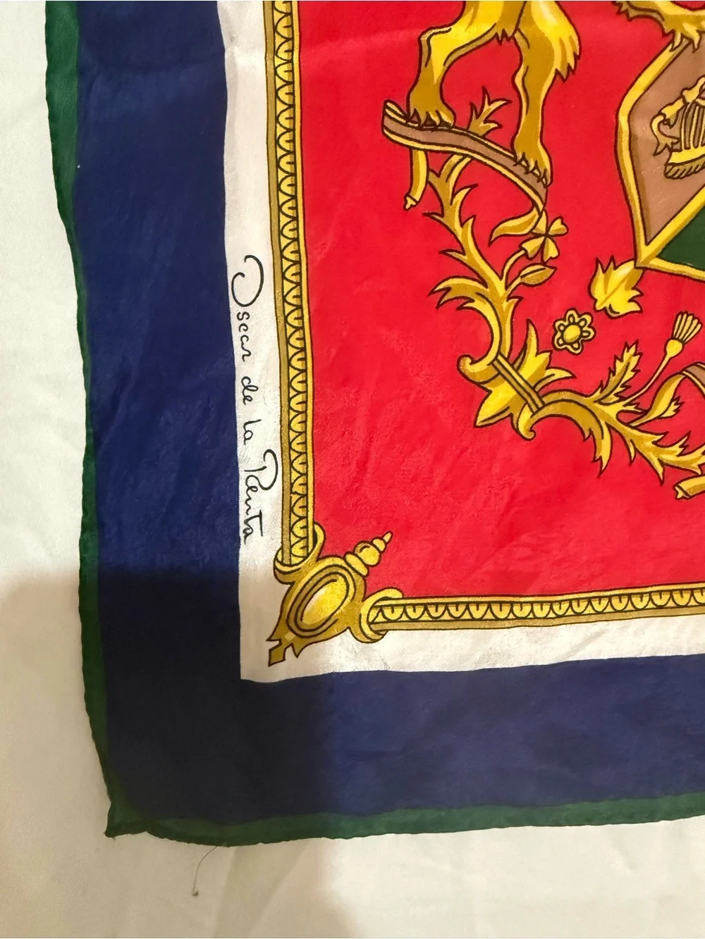 Oscar de la Renta Navy, Red, Green and Gold Medallion Silk Scarf